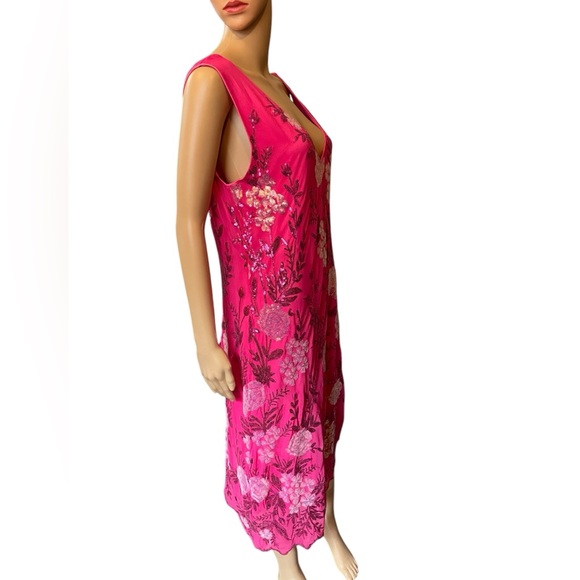 Pink Silver Sequin Embroidered Floral Preppy Barbie Glam Party Midi Dress - Picture 4 of 8